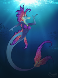 Size: 1043x1400 | Tagged: safe, artist:sunny way, imported from derpibooru, anthro, fish, horse, mermaid, merpony, comic, cute, deep, female, mare, ocean, pinup, smiling, solo, underwater, water