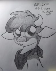 Size: 1829x2331 | Tagged: safe, artist:iceflower99, imported from derpibooru, cow, them's fightin' herds, arizona (tfh), bust, community related, inktober, inktober 2022, monochrome, solo, traditional art