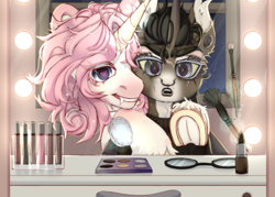 Size: 3500x2500 | Tagged: safe, artist:medkit, imported from derpibooru, oc, oc only, pony, unicorn, bench, brush, cosmetics, duo, duo male, ear piercing, eyeshadow, fangs, glasses, heart, heart eyes, high res, lipstick, love, makeup, male, mirror, night, night sky, nose piercing, paint tool sai 2, piercing, sketch, sky, starry night, window