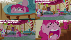 Size: 4400x2475 | Tagged: safe, edit, edited screencap, editor:quoterific, imported from derpibooru, screencap, gummy, pinkie pie, alligator, earth pony, pony, party pooped, season 5, eyes closed, faic, female, frown, gritted teeth, implied fluttershy, lament, lamenting, male, mare, open mouth, teeth