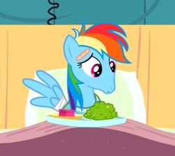 Size: 683x610 | Tagged: safe, imported from derpibooru, screencap, rainbow dash, pegasus, pony, read it and weep, bandage, bed, faic, female, food, great moments in animation, indoors, injured, mare, open mouth, pillow, rainbow dash is best facemaker, sitting, solo