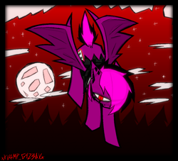 Size: 2066x1878 | Tagged: safe, artist:xxv4mp_g4z3rxx, imported from derpibooru, oc, oc only, oc:violet valium, bat pony, pony, bat pony oc, cloud, female, mare, moon, red eyes, signature, spread wings, stars, tree, two toned mane, wings