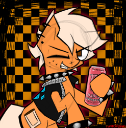 Size: 1916x1936 | Tagged: safe, artist:xxv4mp_g4z3rxx, imported from derpibooru, oc, oc only, earth pony, pony, undead, vampire, vampony, checkered background, collar, commission, earth pony oc, fangs, monster energy, signature, solo, spiked collar, spiked wristband, wristband