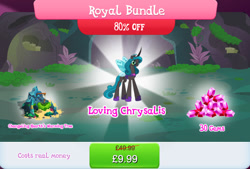 Size: 1265x857 | Tagged: safe, idw, imported from derpibooru, queen chrysalis, changeling, changeling queen, bundle, bush, costs real money, crown, english, female, gameloft, glasses, horn, insect wings, jewelry, mirror universe, moss, numbers, official, regalia, reversalis, sale, solo, solo focus, text, tree, wings