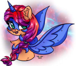 Size: 2500x2191 | Tagged: safe, artist:fluffywhirlpool, imported from derpibooru, nightmare moon, sunny starscout, earth pony, pony, braid, bust, chest fluff, clothes, cosplay, costume, cute, eye clipping through hair, eyebrows, eyebrows visible through hair, fake horn, fake wings, fangs, female, g5, green eyes, heart, heart eyes, looking at you, mare, mlp fim's twelfth anniversary, multicolored mane, nightmare moon armor, nightmare night costume, nightmare sunny, open mouth, solo, space background, spread wings, wingding eyes, wings
