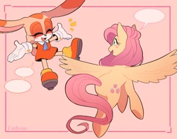 Size: 1400x1100 | Tagged: safe, artist:embrim1, imported from derpibooru, fluttershy, anthro, pegasus, rabbit, animal, clothes, cravat, cream the rabbit, crossover, cute, dress, flying, g4, gloves, happy, shoes, shyabetes, sonic the hedgehog (series), speech bubble, talking