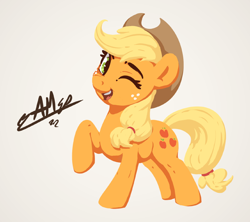 Size: 900x800 | Tagged: safe, artist:assasinmonkey, imported from derpibooru, applejack, earth pony, pony, cowboy hat, cute, female, freckles, g4, happy, hat, jackabetes, lineless, looking at you, mare, mlp fim's twelfth anniversary, one eye closed, open mouth, open smile, raised hoof, signature, smiling, stetson, wink, winking at you