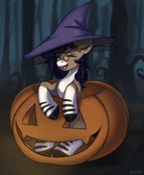 Size: 2062x2500 | Tagged: safe, artist:ggashhhhissh, imported from derpibooru, oc, oc only, earth pony, pony, commission, cute, female, halloween, happy, hat, holiday, pumpkin, smiling, solo, witch hat, ych result