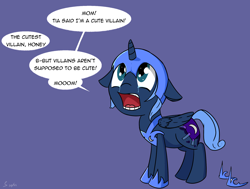Size: 1944x1469 | Tagged: safe, artist:soccy, imported from derpibooru, nightmare moon, princess luna, alicorn, pony, adorable distress, crying, cute, dialogue, distressed, fake cutie mark, female, filly, floppy ears, implied princess celestia, looking at someone, mlp fim's twelfth anniversary, moonabetes, nightmare moon armor, nightmare woon, offscreen character, simple background, solo, solo focus, speech bubble, teeth