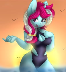 Size: 3775x4096 | Tagged: safe, artist:gelians, artist:pegasisterartmlp, imported from derpibooru, oc, oc only, anthro, unicorn, anthro oc, boob window, breasts, cleavage, clothes, horn, ocean, solo, swimsuit, unicorn oc, water