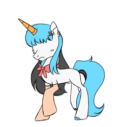 Size: 900x900 | Tagged: safe, artist:fuckomcfuck, imported from derpibooru, oc, oc only, oc:eye spy, pony, unicorn, bow, clothes, hairclip, no eyes, nonbinary, simple background, slim, socks, solo, white background