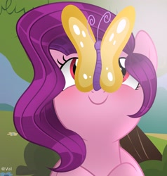 Size: 3904x4096 | Tagged: safe, artist:gelians, artist:pegasisterartmlp, imported from derpibooru, pipp petals, butterfly, pegasus, pony, adorapipp, blushing, butterfly on nose, cute, female, g5, insect on nose, red eyes, red-eyed pipp, smiling, solo, wrong eye color