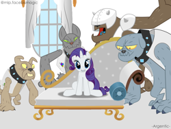 Size: 800x600 | Tagged: safe, artist:mlpfbismagic, imported from derpibooru, fido, rarity, rover, spot, diamond dog, pony, unicorn, diamond dog guard, fainting couch, grin, meme, parody, piper perri surrounded, sitting, smiling