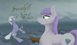 Size: 1600x940 | Tagged: safe, artist:parallel black, imported from derpibooru, limestone pie, maud pie, earth pony, pony, series:maud monday, boulder (g4), digital art, female, rain, rock, rock farm, smiling, when she smiles, yelling