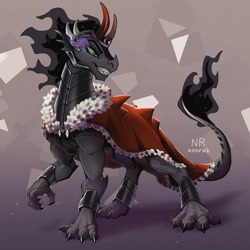 Size: 1080x1080 | Tagged: safe, artist:anoraknr, imported from twibooru, king sombra, dragon, cape, clothes, colored horn, curved horn, dragonified, horn, image, needs more jpeg, race swap, solo, sombra eyes, sombra's cape, sombra's horn, species swap, teeth