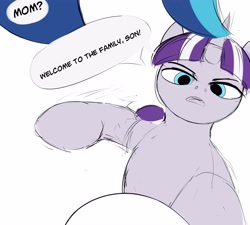 Size: 4000x3600 | Tagged: safe, artist:nording34, imported from twibooru, shining armor, twilight velvet, pony, unicorn, comic, dialogue, female, image, imminent punch, male, mare, needs more jpeg, reference, resident evil, resident evil 7, simple background, stallion, video game reference, welcome to the family, white background