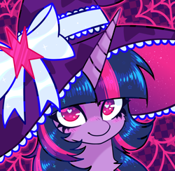 Size: 1106x1080 | Tagged: safe, artist:sxlipsis, imported from derpibooru, twilight sparkle, pony, bow, bust, clothes, costume, g4, halloween, halloween costume, hat, heart, heart eyes, holiday, solo, wingding eyes, witch hat