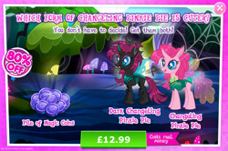 Size: 1956x1300 | Tagged: safe, imported from derpibooru, pinkie pie, changedling, changeling, advertisement, changelingified, costs real money, english, female, gameloft, horn, insect wings, magic coins, mushroom, numbers, official, pinkling, sale, species swap, text, wings