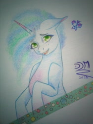 Size: 2448x3264 | Tagged: safe, artist:digitaldrawingmachine, imported from derpibooru, pony, unicorn, afro, ears back, fanart, g5, green eyes, misty brightdawn, my little pony: make your mark, open mouth, open smile, photo, smiling, solo, traditional art