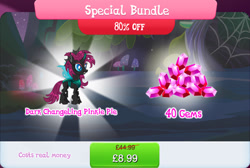 Size: 1272x855 | Tagged: safe, imported from derpibooru, pinkie pie, changeling, bundle, changelingified, costs real money, english, female, gameloft, gem, horn, insect wings, mushroom, numbers, official, pinkling, sale, solo, solo focus, species swap, text, wings