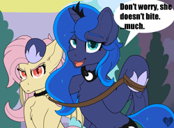 Size: 2153x1584 | Tagged: safe, artist:gnashie, imported from derpibooru, fluttershy, princess luna, alicorn, bat pony, pony, angry, bat ponified, canterlot, cloud, collar, colored, crown, dialogue, duo, flat colors, flutterbat, glare, horn, jewelry, leash, looking at you, open mouth, petting, pony pet, race swap, regalia, smug, speech bubble, tree, wings