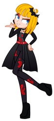 Size: 1280x2888 | Tagged: safe, artist:sugarsong14, imported from derpibooru, oc, oc only, oc:tippy toes, bat, human, undead, vampire, belt, blood, boots, choker, clothes, commission, costume, eyeshadow, fangs, female, grin, halloween, halloween costume, holiday, humanized, humanized oc, makeup, shirt, shoes, simple background, skirt, smiling, solo, stockings, suit, thigh highs, transparent background