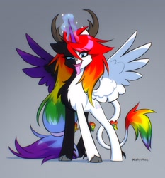 Size: 2480x2656 | Tagged: safe, artist:katputze, imported from derpibooru, oc, oc only, alicorn, classical unicorn, pony, unicorn, alicorn oc, antlers, chest fluff, cloven hooves, fangs, gradient background, horn, leonine tail, long tongue, looking at you, male, signature, solo, spread wings, stallion, tongue out, unshorn fetlocks, wings