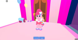 Size: 1280x661 | Tagged: safe, artist:princessoflovepinkyt, imported from derpibooru, pinkie pie, clothes, dress, gala dress, party cannon, roblox