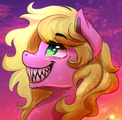 Size: 2014x1980 | Tagged: safe, artist:scarlett-letter, imported from derpibooru, oc, oc only, oc:twisted ankle, earth pony, adoracreepy, bust, creepy, cute, looking up, nightmare fuel, nose wrinkle, portrait, profile, sharp teeth, sketch, solo, teeth, toothy grin