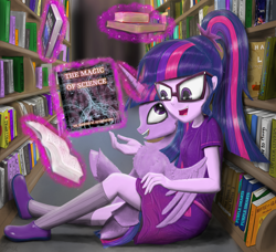 Size: 4000x3640 | Tagged: safe, artist:chopsticks, imported from derpibooru, sci-twi, twilight sparkle, alicorn, human, pony, equestria girls, book, bookshelf, cheek fluff, chest fluff, clothes, dress, duality, female, glasses, human ponidox, levitation, library, magic, ponytail, self paradox, self ponidox, shoes, smiling, socks, telekinesis, twilight sparkle (alicorn), twolight, unshorn fetlocks