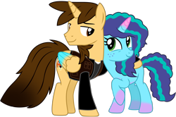 Size: 14659x9736 | Tagged: safe, artist:ejlightning007arts, imported from derpibooru, oc, oc:ej, alicorn, pony, unicorn, spoiler:g5, alicorn oc, base used, canon x oc, clothes, coat markings, cute, duo, duo male and female, ejmisty, female, freckles, g4, g5, g5 to g4, generation leap, horn, male, mare, misty brightdawn, mistybetes, my little pony: make your mark, shipping, simple background, smiling, socks (coat markings), stallion, transparent background, wings