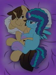 Size: 3400x4500 | Tagged: safe, artist:ejlightning007arts, imported from derpibooru, oc, oc:ej, alicorn, pony, unicorn, spoiler:g5, base used, bed, canon x oc, coat markings, cuddling, cute, daaaaaaaaaaaw, ejmisty, female, freckles, g4, g5, g5 to g4, generation leap, looking at each other, looking at someone, male, mare, misty brightdawn, mistybetes, my little pony: make your mark, pillow, shipping, smiling, snuggling, socks (coat markings), spooning, stallion