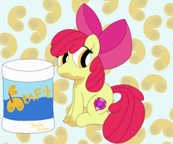 Size: 6048x5036 | Tagged: safe, artist:pinkiepie69, imported from derpibooru, apple bloom, earth pony, cheese, food, macaroni, macaroni and cheese, messy eating, pasta, solo