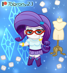 Size: 675x735 | Tagged: safe, artist:tabrony23, imported from derpibooru, rarity, human, equestria girls, beautiful, boots, chibi, clothes, cute, female, food, glasses, looking at you, marshmallow, rarity's glasses, shoes, skirt, smiling, smiling at you, solo