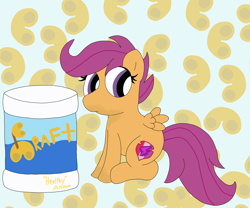 Size: 6048x5036 | Tagged: safe, artist:pinkiepie69, imported from derpibooru, scootaloo, pegasus, cheese, food, macaroni, macaroni and cheese, messy eating, pasta, solo