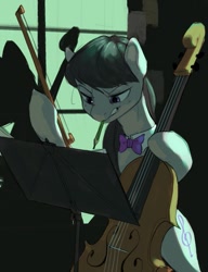 Size: 965x1254 | Tagged: safe, artist:cadillac-dynamite, imported from derpibooru, octavia melody, earth pony, pony, bipedal, bow (instrument), cello, female, hoof hold, magnetic hooves, mare, mouth hold, musical instrument, pencil, sheet music, solo