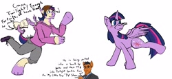 Size: 4096x1885 | Tagged: safe, artist:meinegarr, imported from derpibooru, spike, twilight sparkle, alicorn, human, pony, book, clothes, cool s, dialogue, glasses, human to pony, ponified, princess of friendship, ripping clothes, robert downey jr, simple background, tail, tail pull, transformation, transgender transformation, twilight sparkle (alicorn), white background