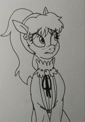 Size: 1427x2048 | Tagged: safe, artist:pony quarantine, imported from derpibooru, oc, oc only, oc:bo, earth pony, pony, female, freckles, grayscale, looking around, mare, monochrome, nervous, solo, traditional art