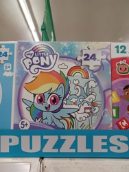 Size: 3000x4000 | Tagged: safe, imported from derpibooru, rainbow dash, pegasus, pony, my little pony: pony life, cloudsdale, dollar tree, female, g4.5, logo, looking at you, merchandise, my little pony logo, photo, puzzle, solo