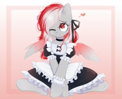 Size: 1280x1040 | Tagged: safe, artist:tоri, imported from derpibooru, oc, oc only, oc:skyshard melody, pegasus, pony, clothes, commission, crossed arms, cute, dress, dressup, female, heart, heart eyes, love, maid, maid headdress, mare, one eye closed, pegasus oc, red eyes, red mane, simple background, sitting, smiling, socks, solo, spread legs, spread wings, spreading, stockings, tail, thigh highs, unamused, white fur, white mane, wingding eyes, wings, wink, ych result