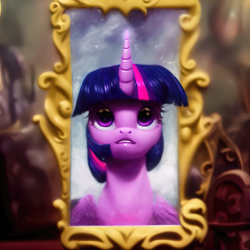 Size: 2048x2048 | Tagged: safe, artist:zealousmagician, imported from derpibooru, twilight sparkle, alicorn, pony, ai assisted, ai content, blurry background, female, g4, generator:purplesmart.ai, generator:stable diffusion, horn, looking up, mare, painting, slim, solo, twilight sparkle (alicorn), wings