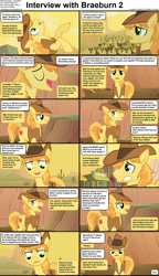 Size: 1282x2233 | Tagged: safe, edit, edited screencap, imported from derpibooru, screencap, braeburn, earth pony, pony, comic:celestia's servant interview, over a barrel, caption, clothes, comic, cs captions, hat, interview, male, screencap comic, solo, stallion, text, vest