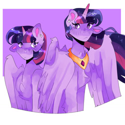 Size: 1280x1280 | Tagged: safe, artist:jupiterscent, imported from derpibooru, twilight sparkle, alicorn, pony, the last problem, duality, duo, female, g4, jewelry, mare, older, older twilight, one ear down, peytral, princess twilight 2.0, regalia, self paradox, self ponidox, time paradox, twilight sparkle (alicorn)