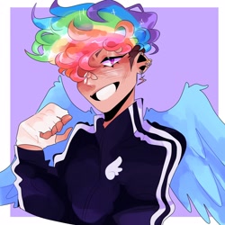 Size: 2048x2048 | Tagged: safe, artist:jupiterscent, imported from derpibooru, rainbow dash, human, alternate hairstyle, bandaid, bandaid on nose, clothes, ear piercing, fingerless gloves, g4, gloves, hair over one eye, high res, humanized, nose piercing, nose ring, passepartout, piercing, short hair, solo, tracksuit, winged humanization, wings