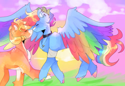 Size: 2048x1400 | Tagged: safe, artist:jupiterscent, imported from derpibooru, applejack, rainbow dash, earth pony, pegasus, pony, abstract background, appledash, bandage, bandaid, bandaid on nose, boop, choker, colored wings, duo, ear piercing, eyes closed, female, freckles, jewelry, lesbian, multicolored wings, necklace, noseboop, pale belly, piercing, rainbow hooves, rainbow wings, shipping, short hair, slim, spread wings, wings