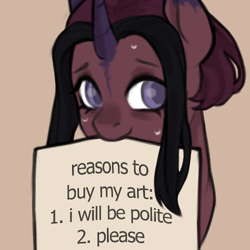 Size: 500x500 | Tagged: safe, artist:gabrilis, imported from derpibooru, oc, oc only, oc:mami, pony, unicorn, advertisement, mouth hold, sign, solo