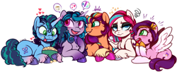 Size: 2028x827 | Tagged: safe, artist:esmeia, imported from derpibooru, izzy moonbow, pipp petals, sunny starscout, zipp storm, earth pony, pegasus, pony, unicorn, alternate hairstyle, cornrows, cute, fake cutie mark, female, food, g5, mare, misty brightdawn, open mouth, open smile, popcorn, royal sisters (g5), siblings, simple background, sisters, smiling, that pony sure does love popcorn, tongue out, unamused, white background, zipp storm is not amused