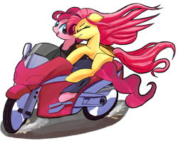 Size: 1200x948 | Tagged: safe, artist:solid shrimp, imported from derpibooru, fluttershy, pinkie pie, earth pony, pegasus, pony, biker, clothes, duo, motorcycle, simple background, speed, transparent background