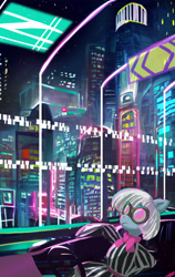 Size: 2212x3508 | Tagged: safe, artist:neoshrek, imported from derpibooru, photo finish, earth pony, pony, ai assisted, ai content, city, cityscape, cyberpunk, skyscraper, solo