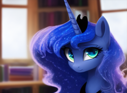 Size: 907x667 | Tagged: safe, imported from derpibooru, princess luna, alicorn, pony, ai assisted, ai content, ai generated, blurry background, bookshelf, generator:stable diffusion, library, solo